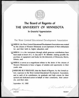 Board of Regents Grateful Appreciation to West Central Educational Development Association